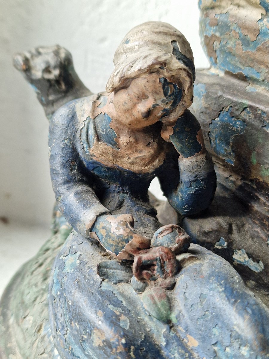 Painted Terracotta Watch Holder Featuring Chronos Watching Over A Sleeping Shepherdess—folk Art-photo-2