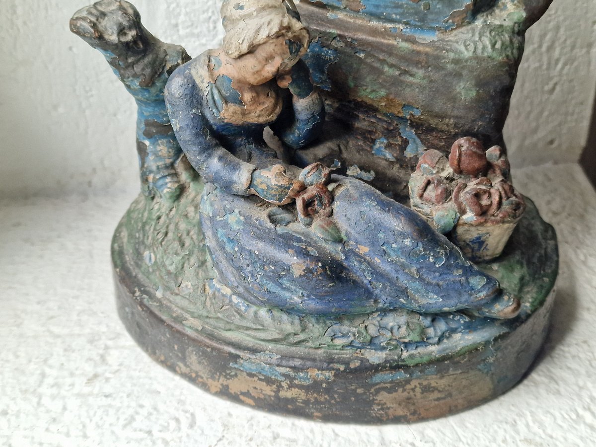 Painted Terracotta Watch Holder Featuring Chronos Watching Over A Sleeping Shepherdess—folk Art-photo-3