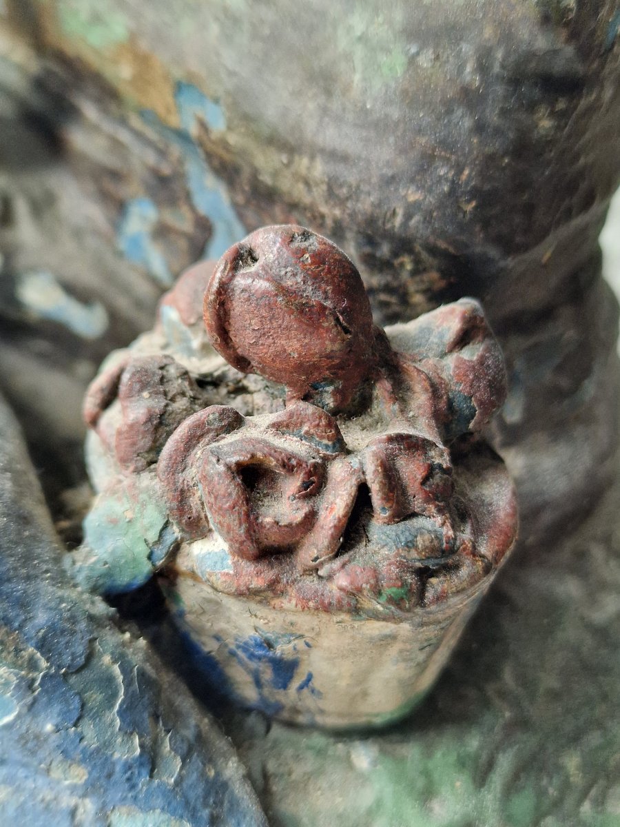 Painted Terracotta Watch Holder Featuring Chronos Watching Over A Sleeping Shepherdess—folk Art-photo-4