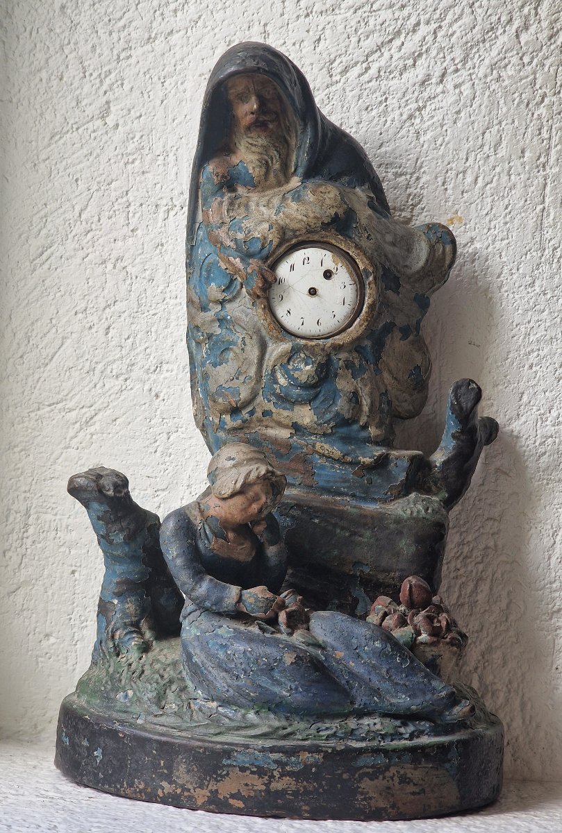 Painted Terracotta Watch Holder Featuring Chronos Watching Over A Sleeping Shepherdess—folk Art