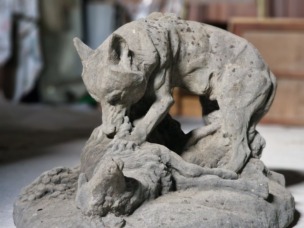 Directly Carved Stone Statue Of A Wolf Devouring A Sheep By René Paris, Gold Medal-photo-3