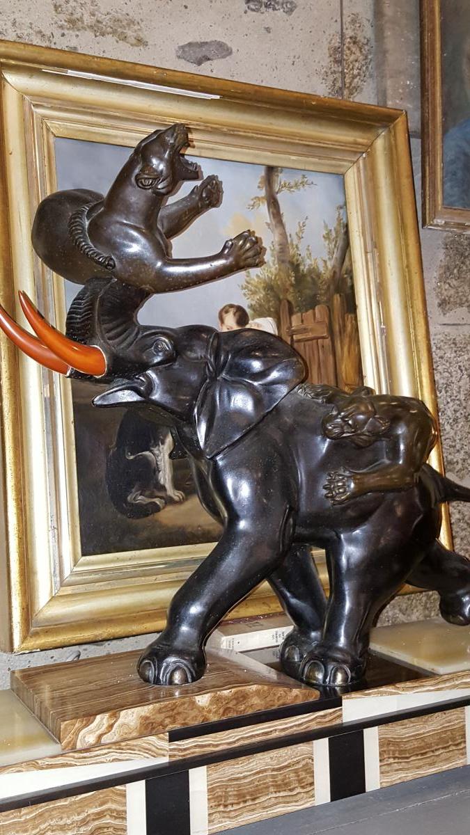 Sculpture Of Irénée Rochard (1906-1984) Elephants Charging Panthers.