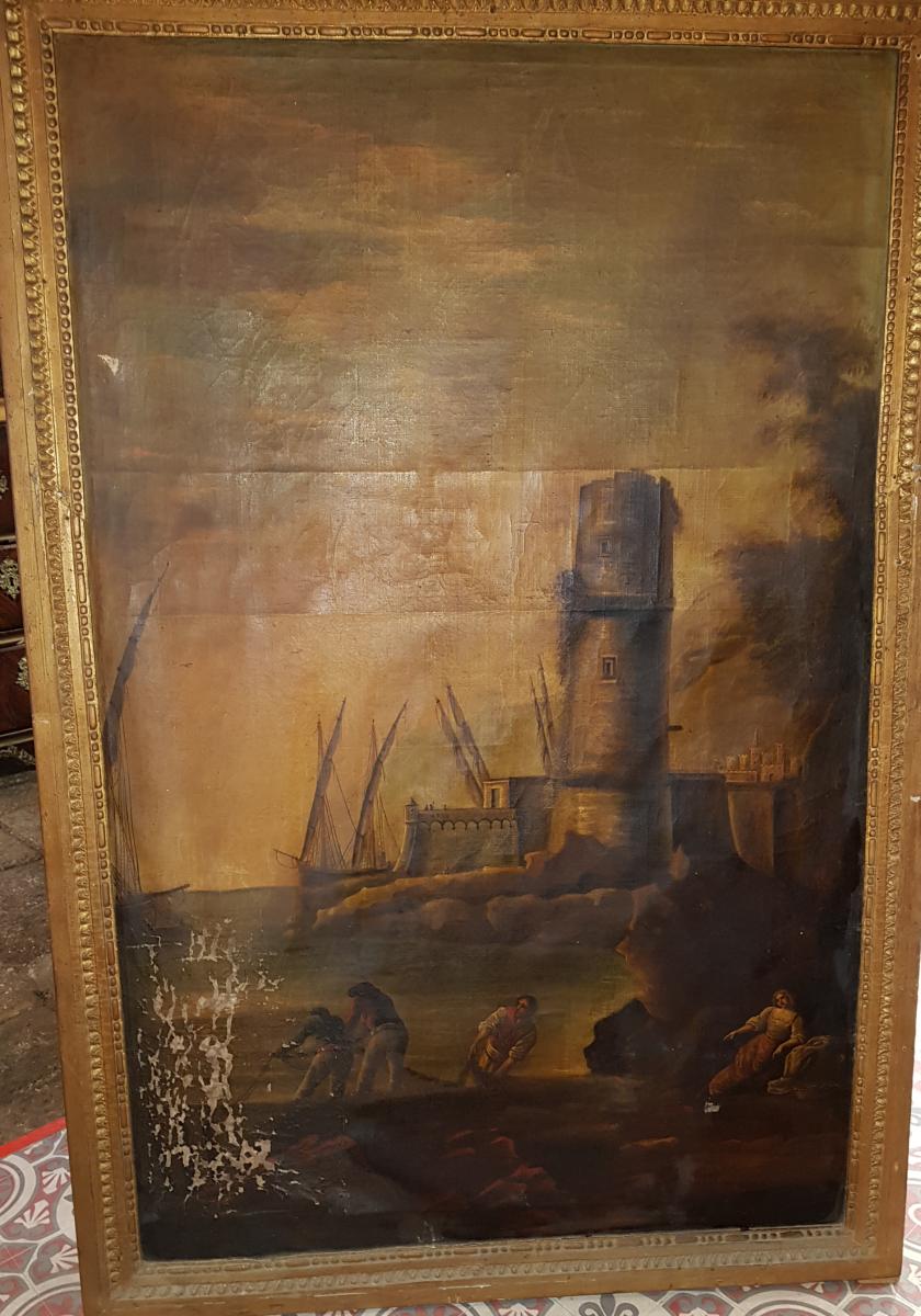 Painting 18th Port Scene With Fishermen And Sailboats Lacroix De Marseille