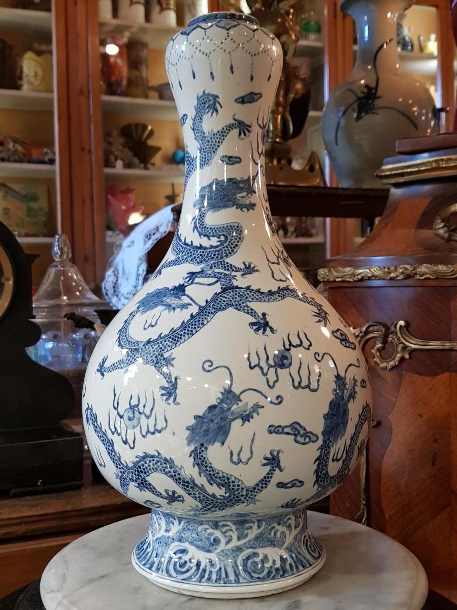 Vase Garlic White Blue Porcelain Decor Imperial Nine Dragons.-photo-3