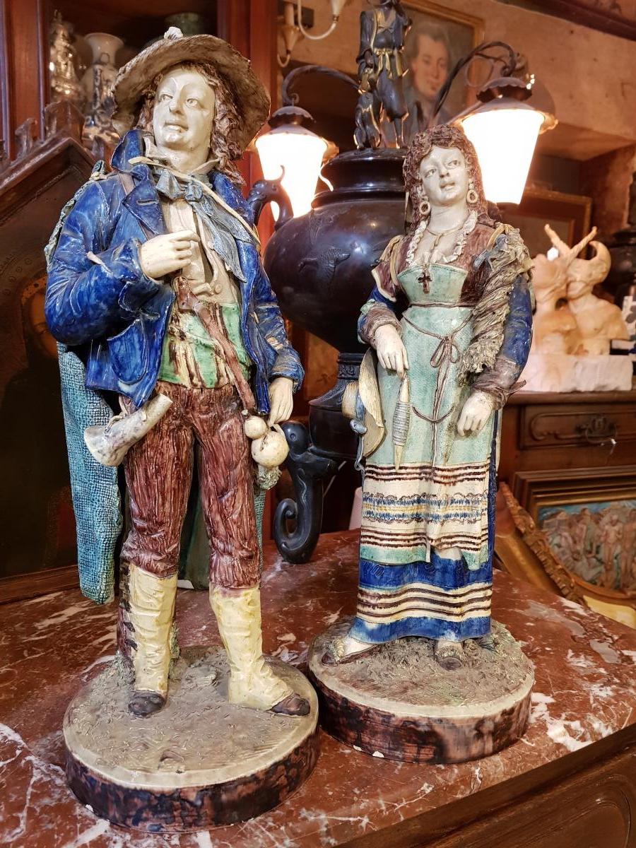 Paire De Statues Signées Achille Barbizet d'Après Palissy Couple Italiens