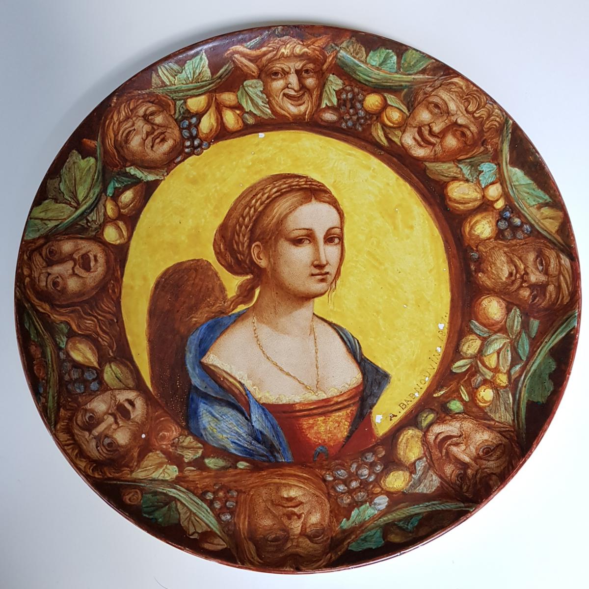 Plaque In Faience Of Hb Choisy Decor Neo Renaissance Portrait And Grotesques