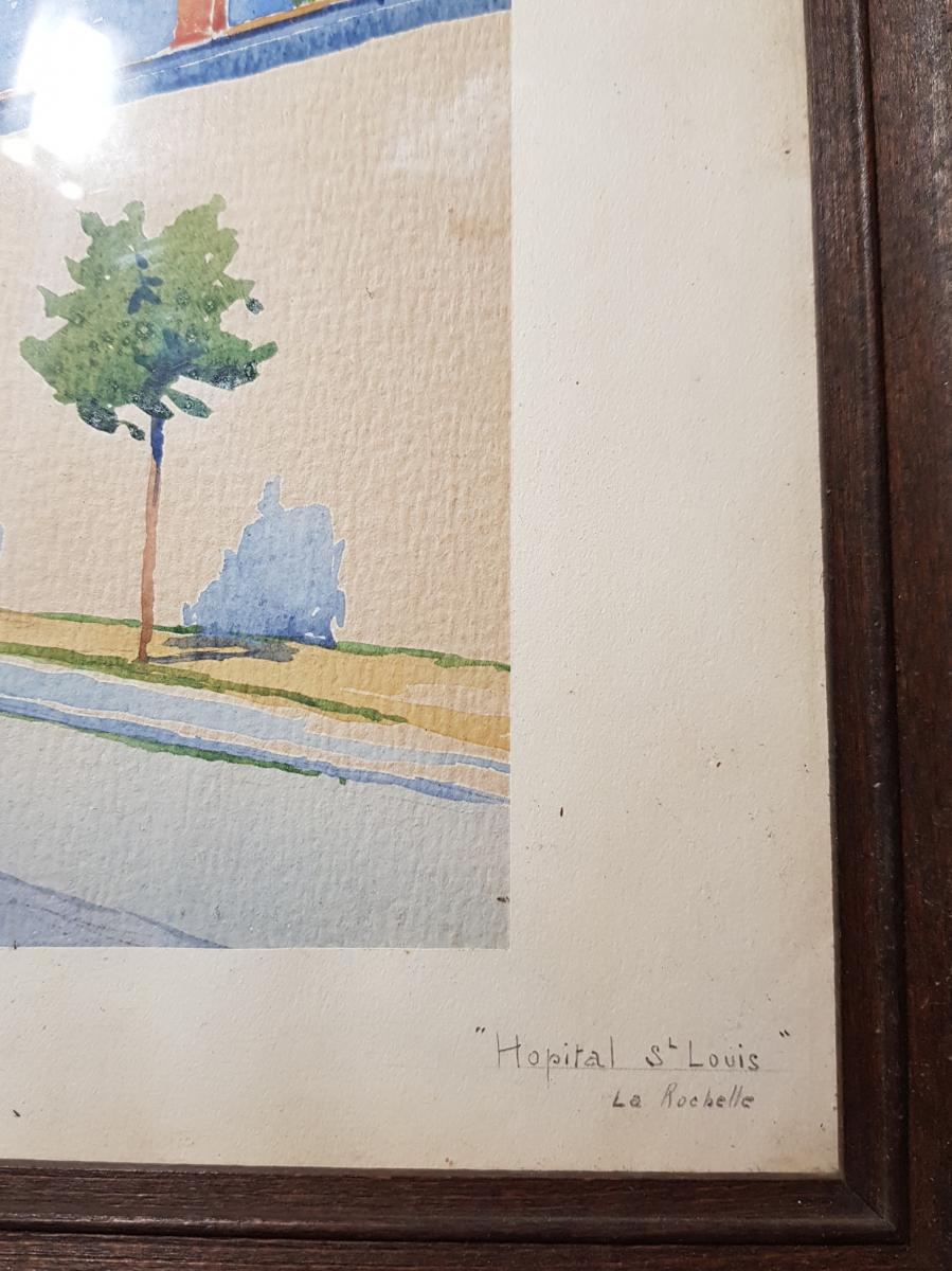 Watercolor Circa 1930 La Rochelle Representing The Saint Louis Hospital Signed-photo-2