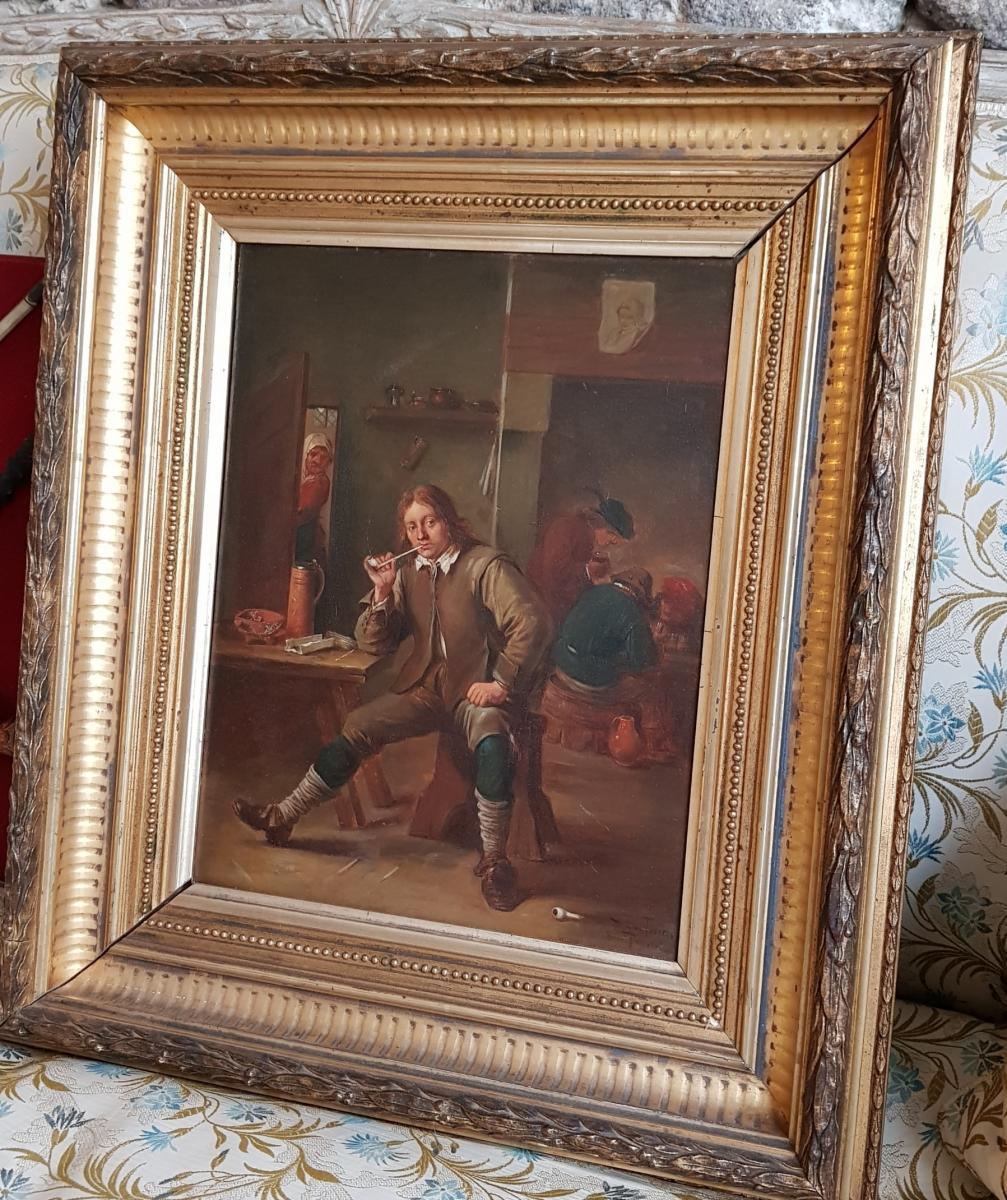 Tableau Fumeur Accoudé A Une Table d'Après David Teniers De Henri Pauvert (1864-1951)
