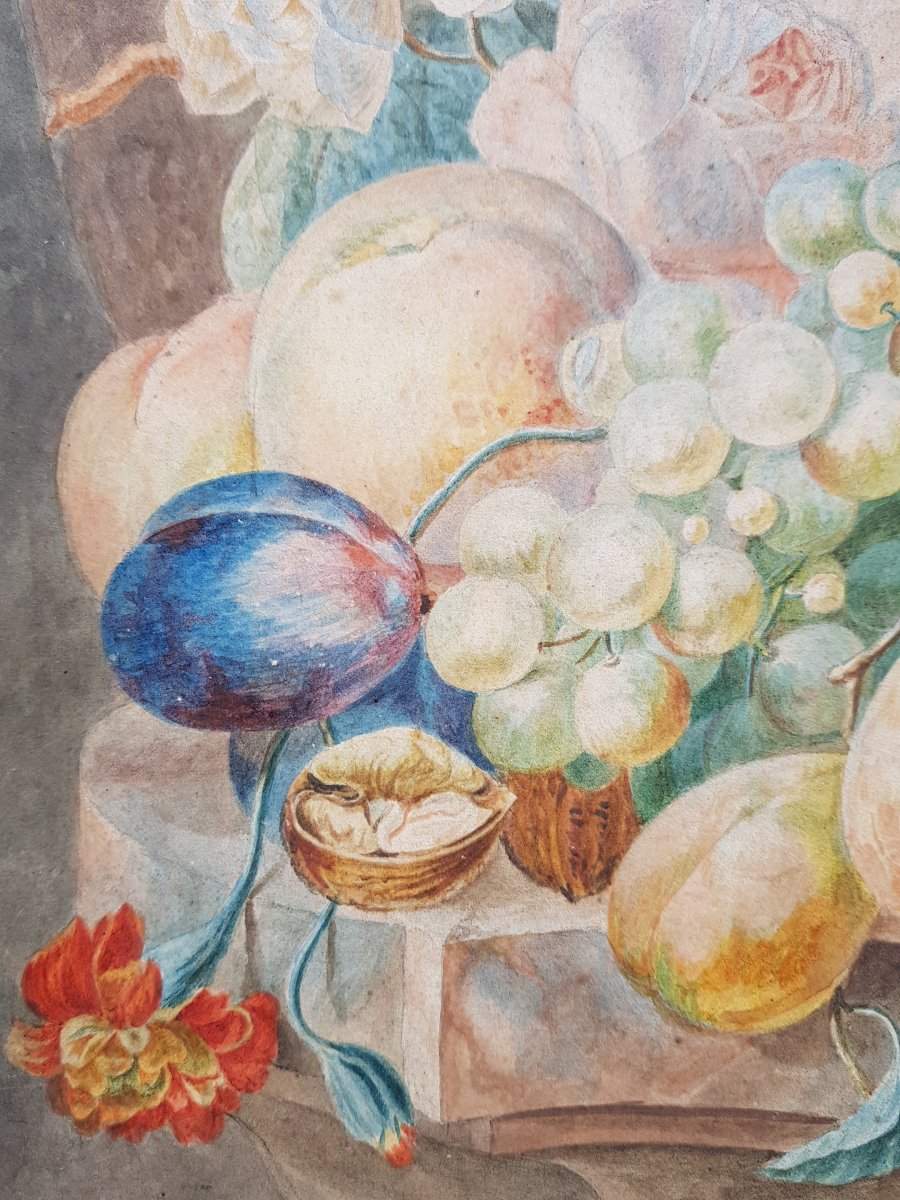 Aquarelle De Willem Van Leen (1753-1825) Fleurs,fruits Et Ruines Antiques.-photo-3