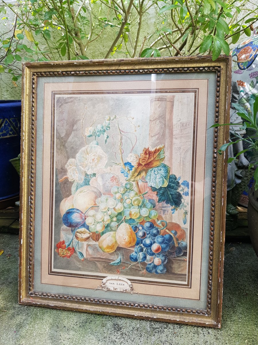 Aquarelle De Willem Van Leen (1753-1825) Fleurs,fruits Et Ruines Antiques.-photo-8