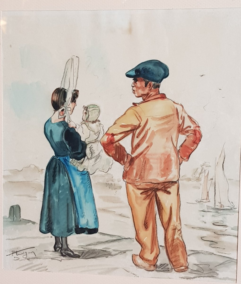 Paire d'Aquarelles Jean De Trigon (1902-1968) Morlaix Bretons Et Bretonnes-photo-2