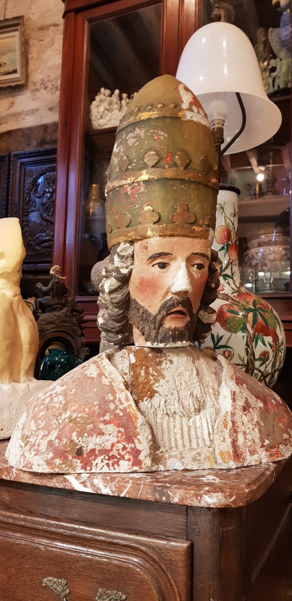 Bust Of Saint Corneille Cornely In Polychrome And Gilded Limestone-photo-2