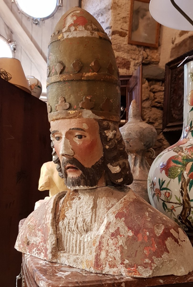 Bust Of Saint Corneille Cornely In Polychrome And Gilded Limestone