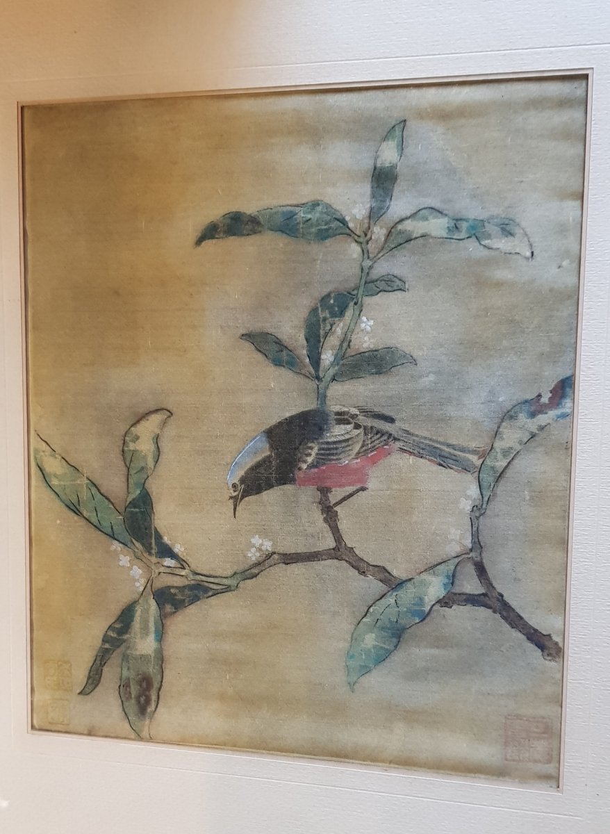 Chinese Or Japanese Print On Silk Bird Decor On Its Branch And Postmarks-photo-2