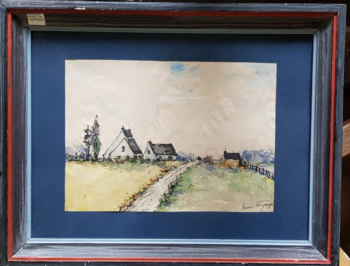 Aquarelle Bretonne  Signée Henri Noizeux (1871-?) Maisons Campagne En Bretagne -photo-3