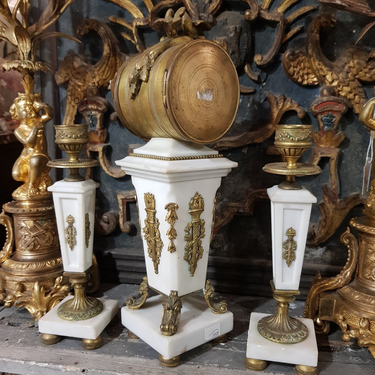 Small Fireplace Or Chest Of Drawers In Marble And Gilt Bronze With Clock And Candlesticks-photo-2