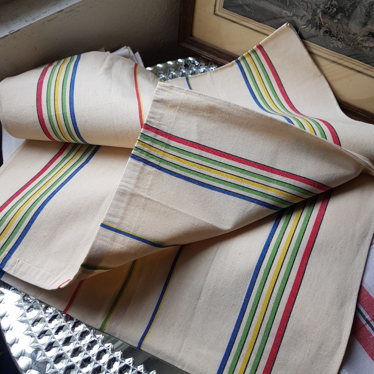 Set Of 11 Tea Towels And Large Handmade Metis Linen And Cotton Cloth From Old Stock Store 4-photo-1