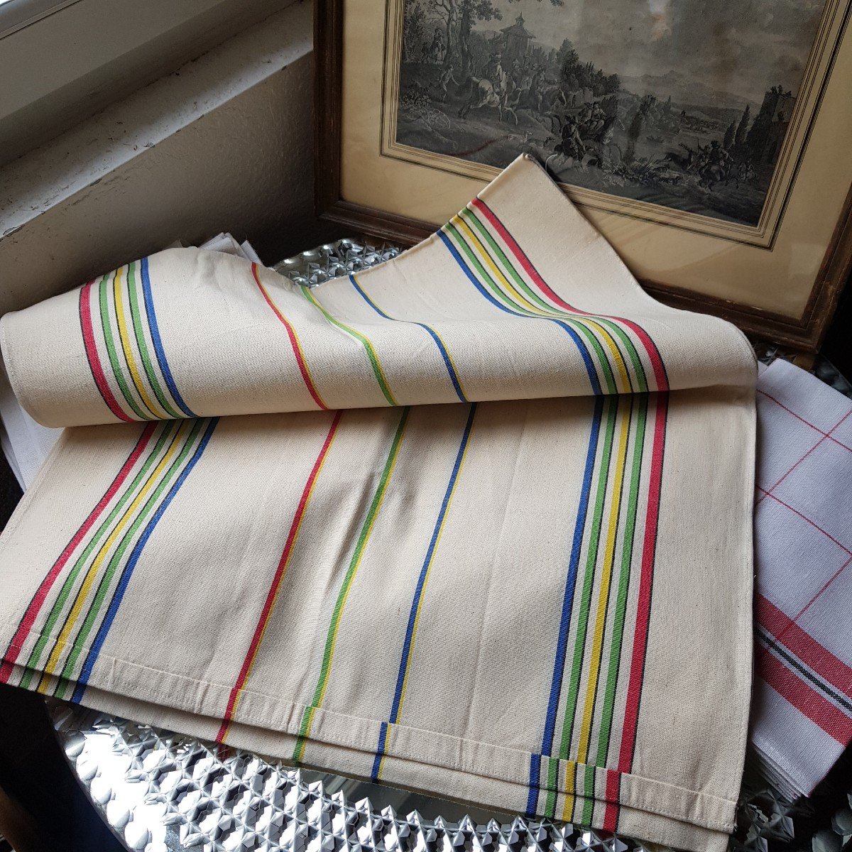 Set Of 11 Tea Towels And Large Handmade Metis Linen And Cotton Cloth From Old Stock Store 4-photo-2