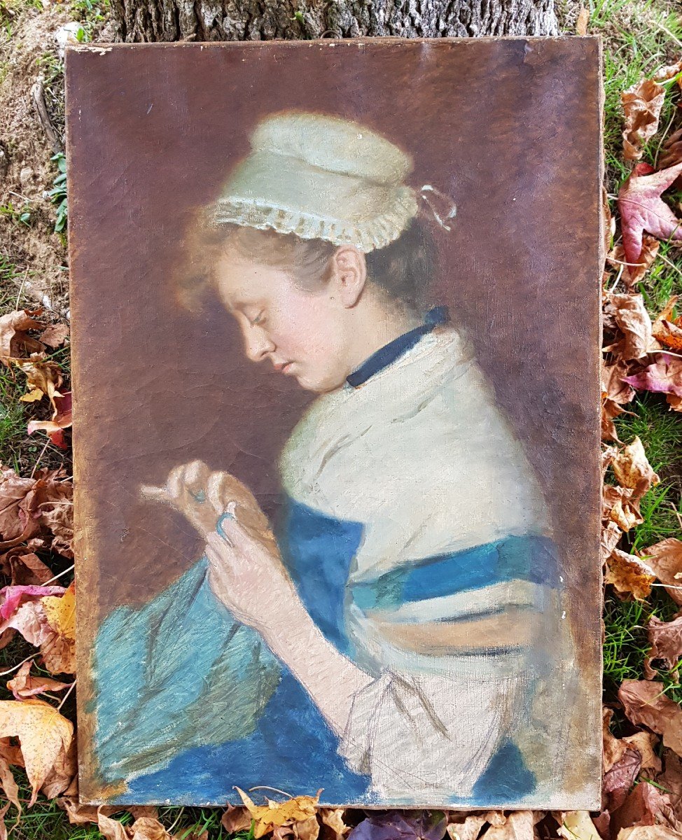 Tableau Portrait Jeune Bretonne Cousant école De Concarneau Attr. Achille Granchi Taylor-photo-3