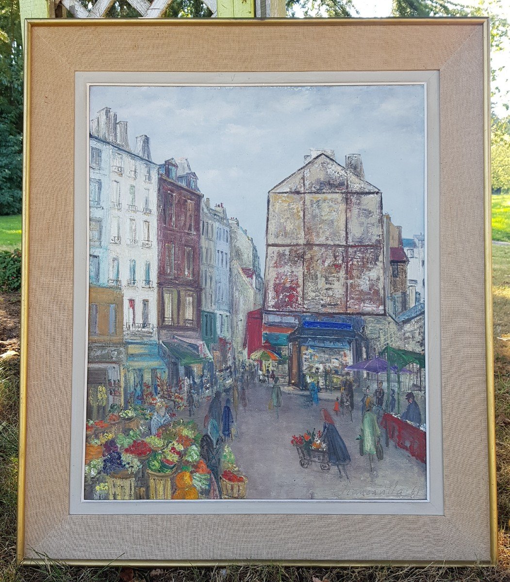 Grand Tableau Le Marché Rue Mouffetard à Paris 5ème Arrondissement 1961 Francavilla-photo-1