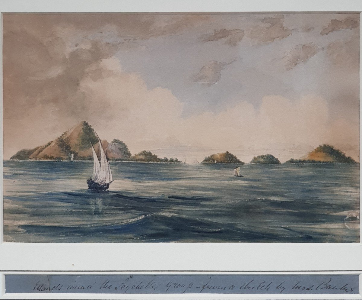 Watercolor Sailboats Approaching The Seychelles Round  Group Of Islands By Mrs Barker