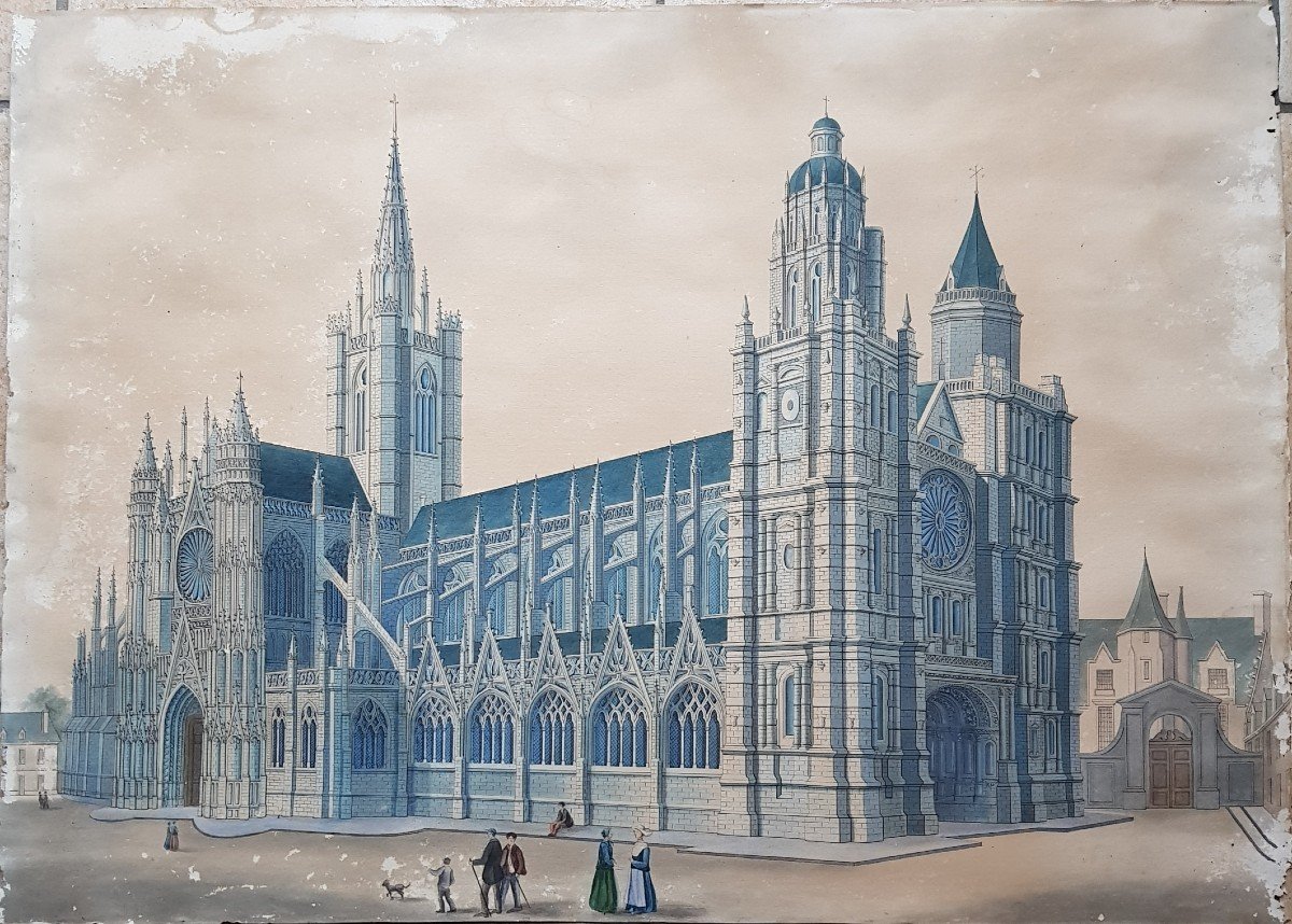 Large Architectural Drawing Cathedral Of Evreux Normandy Attr. Isidore Laurent Deroy-photo-4