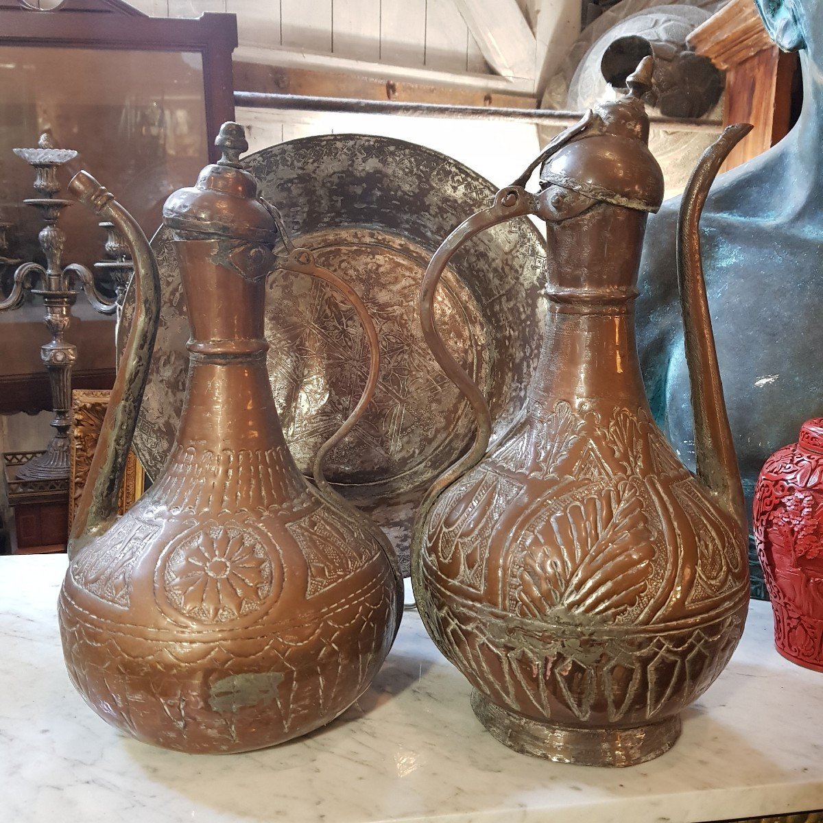 Lot Of 2 Turkish Ewers In Tinned Copper 19th Turkey-photo-4