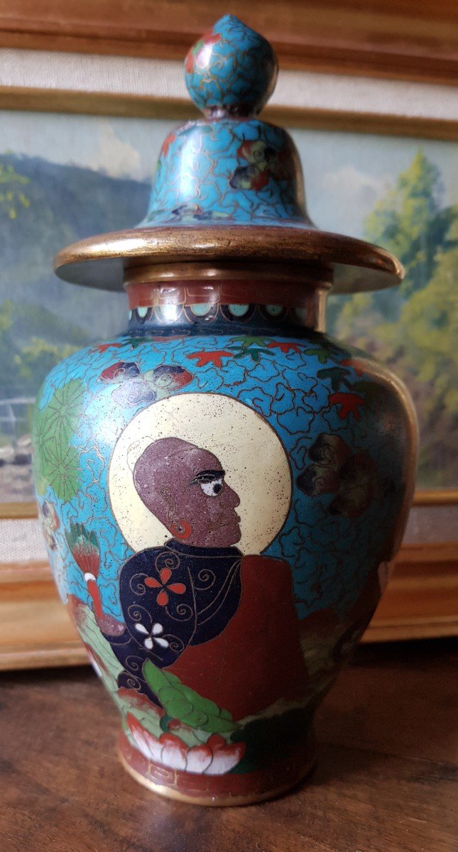 Covered Pot In Cloisonne Enamels China Or Japan Signed Buddhist Decor From Arhats-photo-3