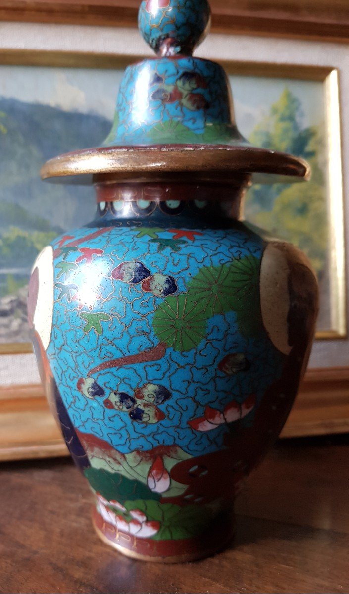 Pot Couvert En émaux Cloisonné Chine Ou Japon Signé Décor bouddhiste De Arhats-photo-4