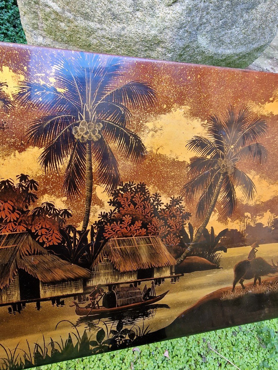 Vietnamese Panel In Lacquered Wood Decor Of Landscapes And Life Scenes Of Vietnam-photo-1