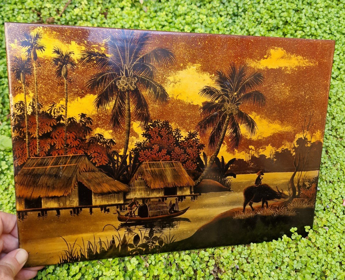 Vietnamese Panel In Lacquered Wood Decor Of Landscapes And Life Scenes Of Vietnam-photo-2