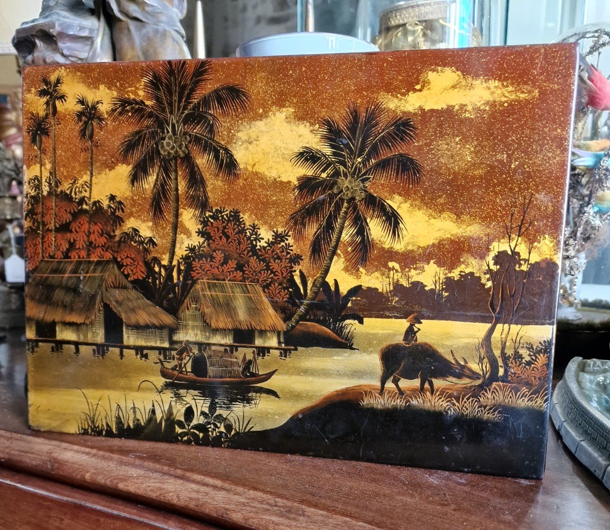 Vietnamese Panel In Lacquered Wood Decor Of Landscapes And Life Scenes Of Vietnam
