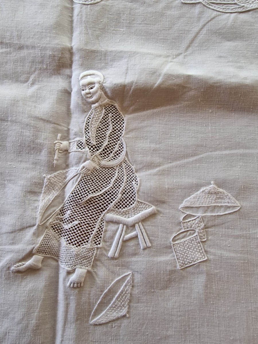 Service De Table broderie Chine Ou Vietnam Avec Nappe Et Serviettes Décor Métiers-photo-1