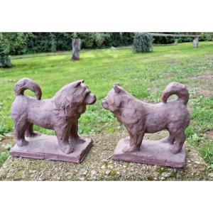 Paire De Chow Chow Chien Chinois Statuettes En Terre Cuite Signés Datés Monogrammés 