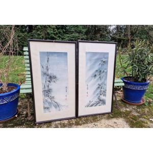 Pair Of Paintings On Silk By Hô-thi-linh Around 1930 Saigon Vietnam