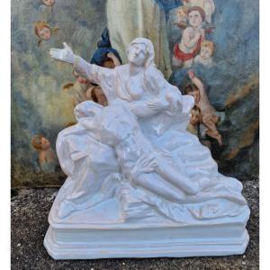 Pieta Vierge De Pitié En Faience émaillée Blanche Prob. Nevers 