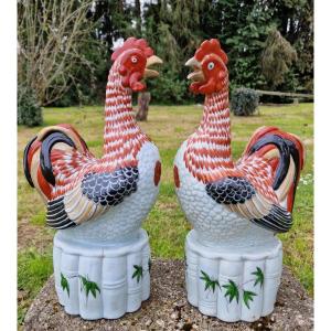 Pair Of Porcelain Roosters From Japan Arita Imari