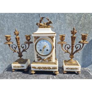 Fireplace Set With Pendulum And Candelabra Louis XVI Style Marble And Bronze