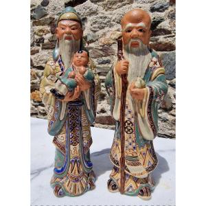 Lot De 2 Statuettes En Grès Signé De Bien Hoa Vietnam Shou Lao Et Fu XIng Céramique Poterie 