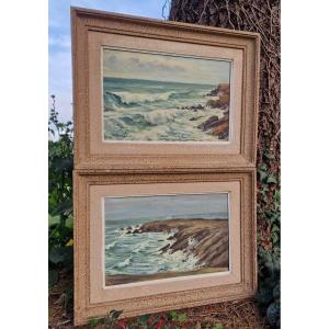 Pair Of Paintings By Henri Ethevenaux Pointe De Beg An Aud St Pierre Quiberon And Portivy