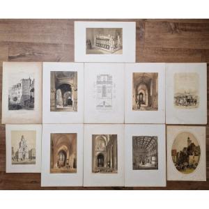 Lot Of 11 Engravings On Nantes Including The Cathedral, Saint Jacques Church And Tomb Of François 2