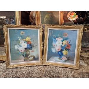 Pair Of Pastel Paintings Bouquets Of Flowers By Zoé Laigneau 18th Century Style