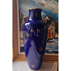 Grand Vase Balustre Porcelaine De Sévres 1922 Manufacture Nationale Bleu Cobalt Et Etoiles