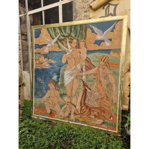 Important Art Deco Painting Mother And Child By Pierre Pasquier Amiens Stained Glass Liner Decor