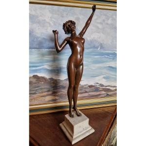 Statue Bronze De Femme Nue "le Réveil" Par Paul Philippe Art Déco grand modèle