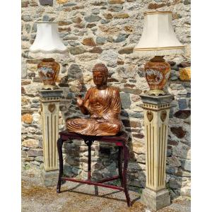Importante Statue De Bouddha En Bois Laqué Doré Du Vietnam Lotus Or