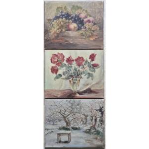 Lot de 3 tableaux de Pierre Cadre (1884-1972) paysage neige, nature morte, bouquet de fleurs