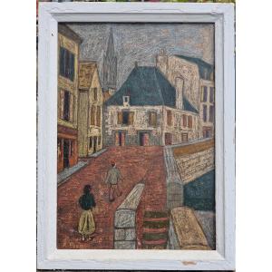Tableau le pont de Pont Aven par André Even peinture à la cire école bretonne Finistère 