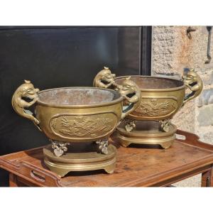Paire de brûles parfum chinois ou Vietnam en bronze avec leur socles Indochine Cambodge