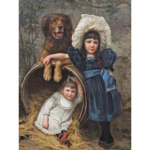 Important Painting, Portraits Of Children With A Dog, Impressionist Style, Luxembourg, Fred d'Huart, 1897